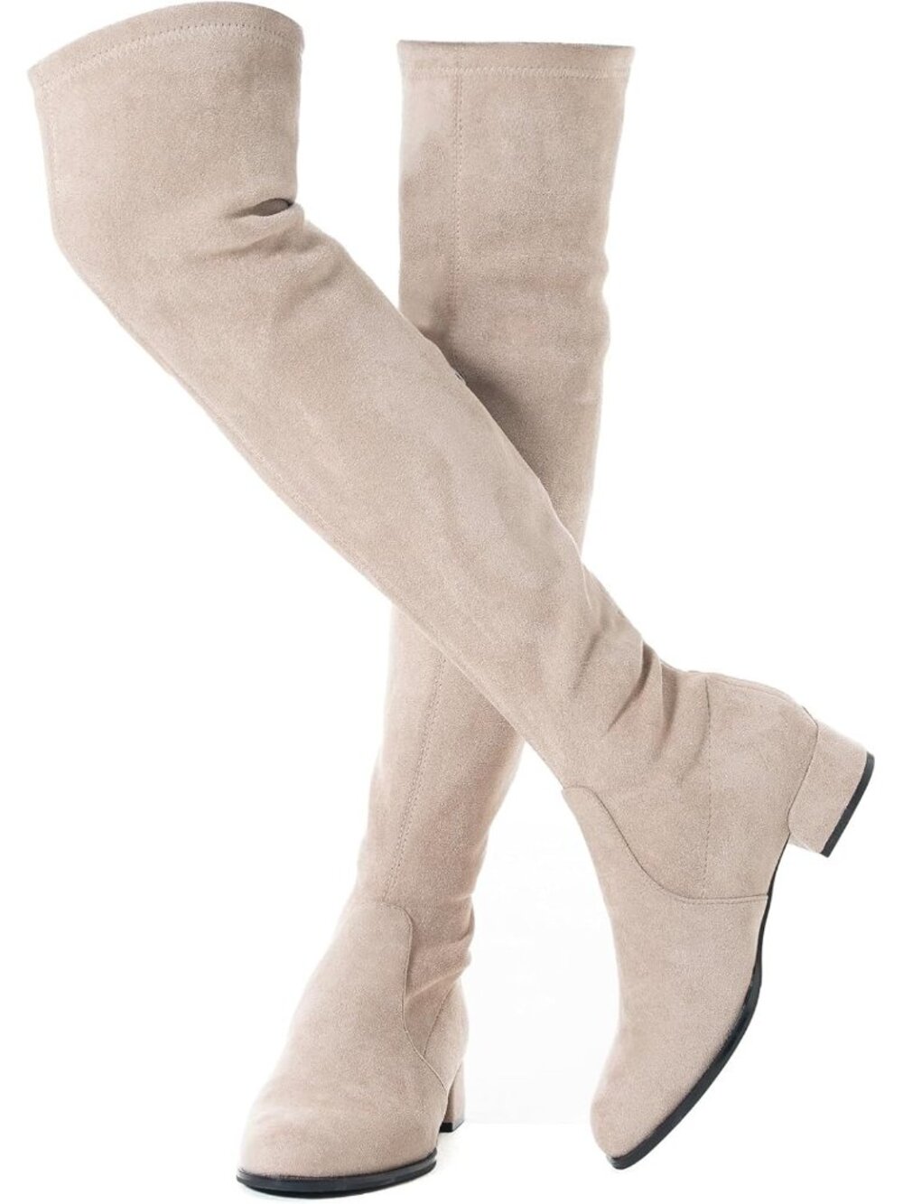 Women's Cream Flat Pointed Toe Chunky Block Heel Over The Knee High Boots